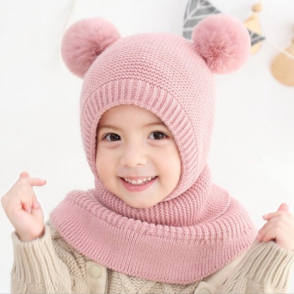 Kids Winter Hat | Knitted Baby Beanie with Neck Scarf and double Pom Pom - Picture 1 of 5